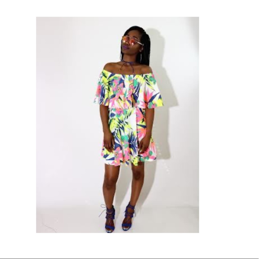 Off-Shoulder Tropical Print Mini Dress - Neon Floral - Picture 6 of 6